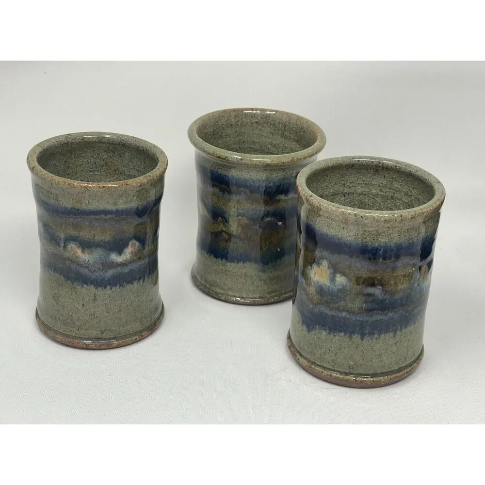 Pottery Air Plant/Vase/Mug Cup Ceramic Clay Handmade Blue Grey Set of 3 Signed